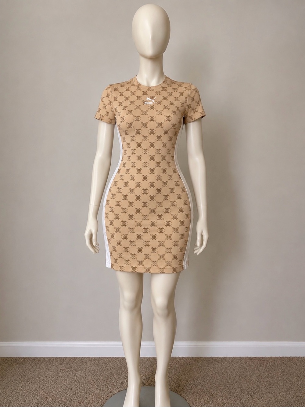 Beige puma Short-Sleeve Bodycon Dress with Side Panels